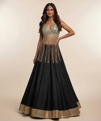 Black Embroidered Silk Lehenga with Beaded Fringe Blouse 1