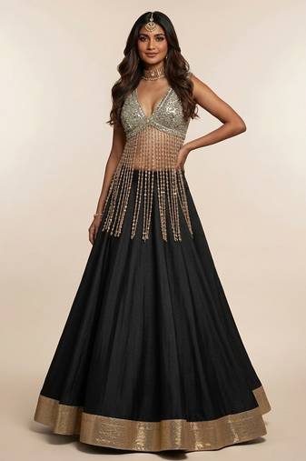 Black Embroidered Silk Lehenga with Beaded Fringe Blouse