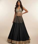Black Embroidered Silk Lehenga with Beaded Fringe Blouse