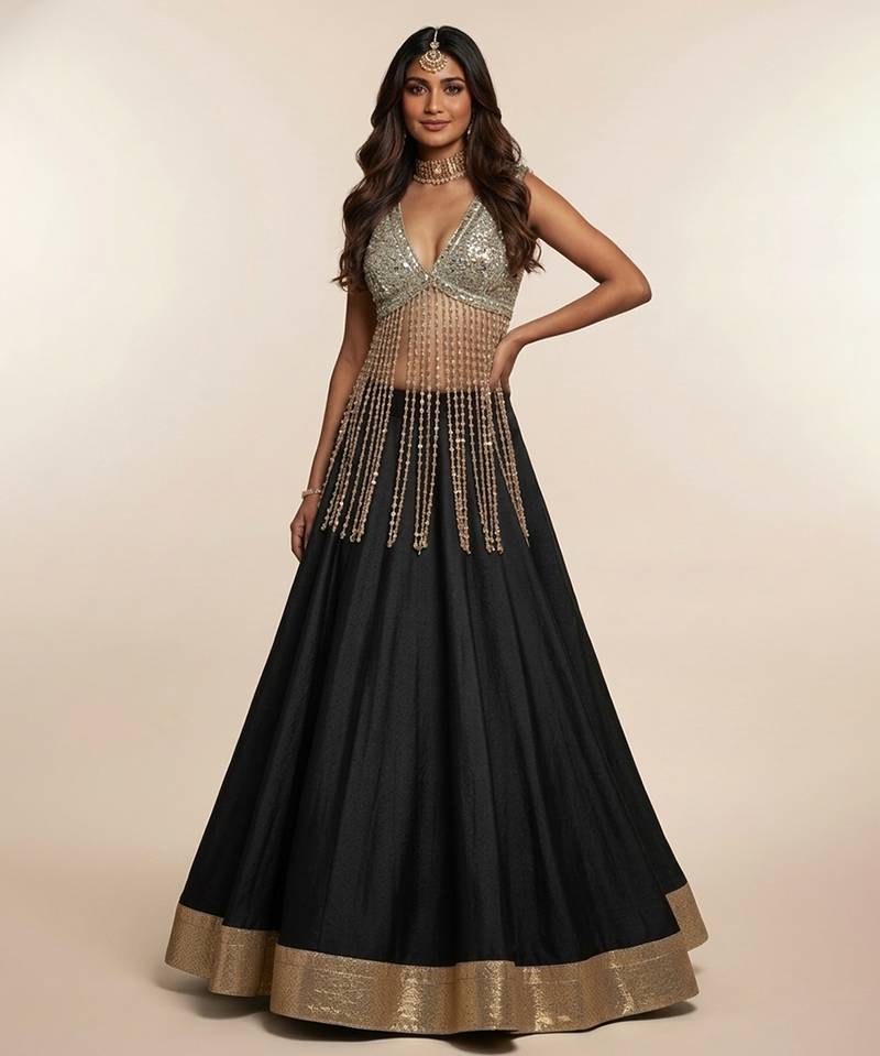 Black Embroidered Silk Lehenga with Beaded Fringe Blouse