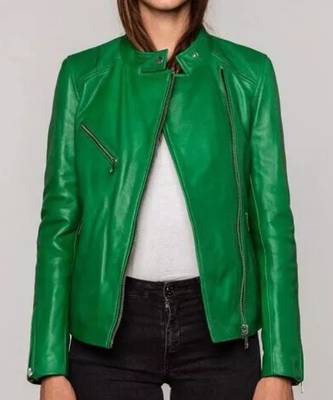 Premium women’s real lambskin leather jacket green slim fit motorcycle biker 3