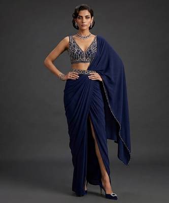 Navy Blue Crepe Draped Saree Set 1