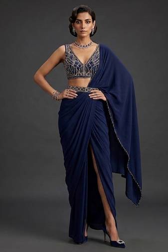 Navy Blue Crepe Draped Saree Set