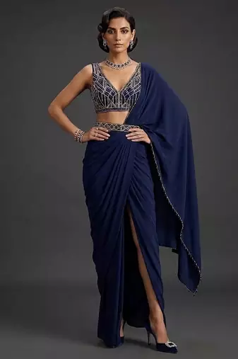 Navy Blue Crepe Draped Saree Set