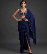 Navy Blue Crepe Draped Saree Set