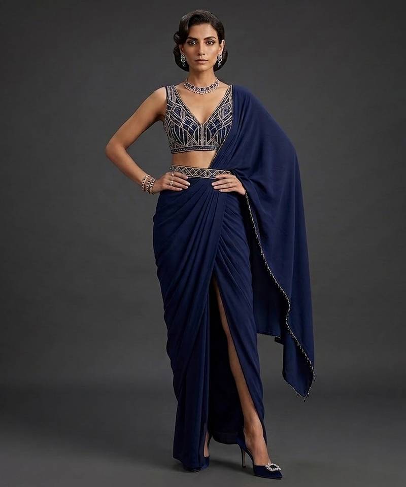 Navy Blue Crepe Draped Saree Set