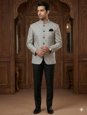 Grey color golden jacquard jodhpuri for men | premium designer bandhgala ethnic wear 1