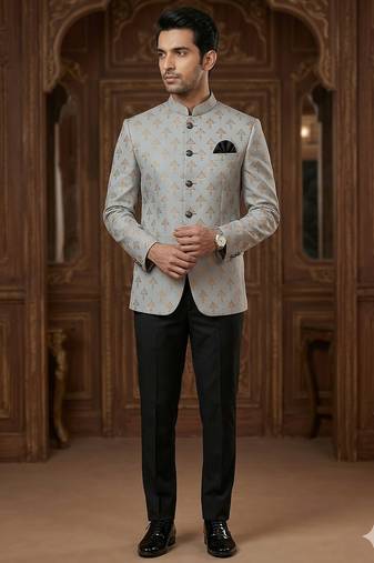 Grey color golden jacquard jodhpuri for men | premium designer bandhgala ethnic wear
