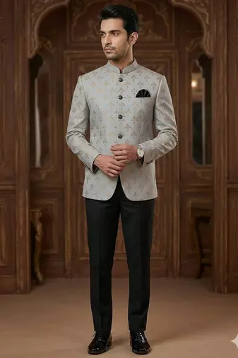 Grey color golden jacquard jodhpuri for men | premium designer bandhgala ethnic wear