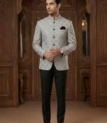 Grey color golden jacquard jodhpuri for men | premium designer bandhgala ethnic wear