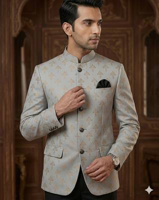 Grey color golden jacquard jodhpuri for men | premium designer bandhgala ethnic wear 2