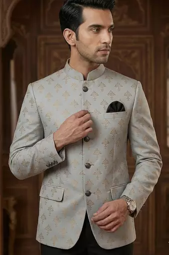 Grey color golden jacquard jodhpuri for men | premium designer bandhgala ethnic wear