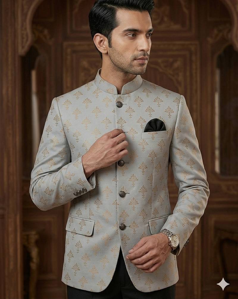 Grey color golden jacquard jodhpuri for men | premium designer bandhgala ethnic wear