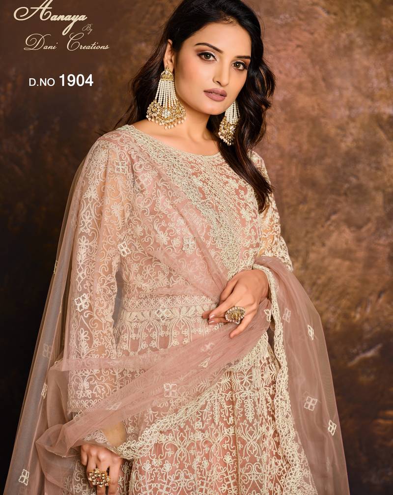 PEACH COLOR CORDING WORK HEAVY NET SEMI STICHED DESIGNER GOWN 