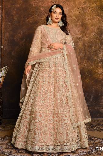 PEACH COLOR CORDING WORK HEAVY NET SEMI STICHED DESIGNER GOWN 