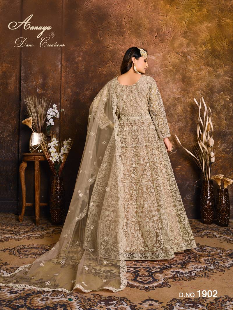 BEIGE COLOR CORDING WORK HEAVY NET SEMI STICHED DESIGNER GOWN 