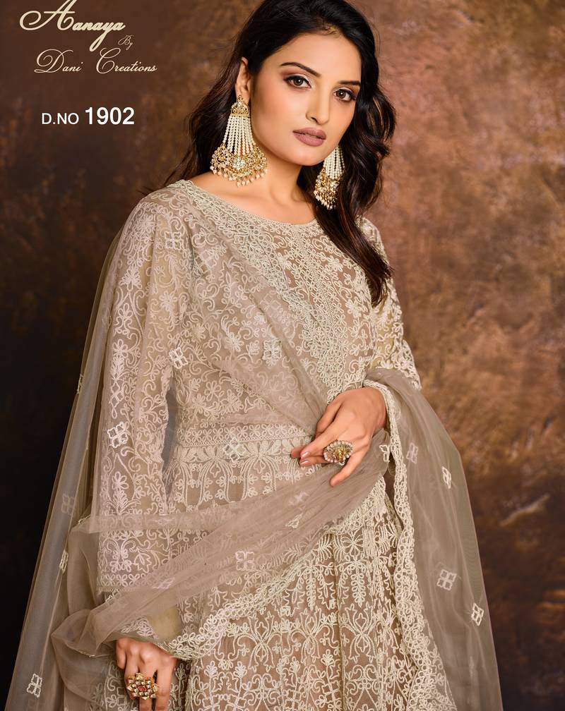 BEIGE COLOR CORDING WORK HEAVY NET SEMI STICHED DESIGNER GOWN 