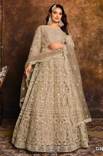 BEIGE COLOR CORDING WORK HEAVY NET SEMI STICHED DESIGNER GOWN 