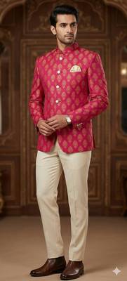 Hot pink color jecquard jodhpuri for men | premium designer bandhgala ethnic wear 1
