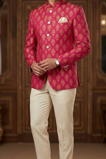 Hot pink color jecquard jodhpuri for men | premium designer bandhgala ethnic wear