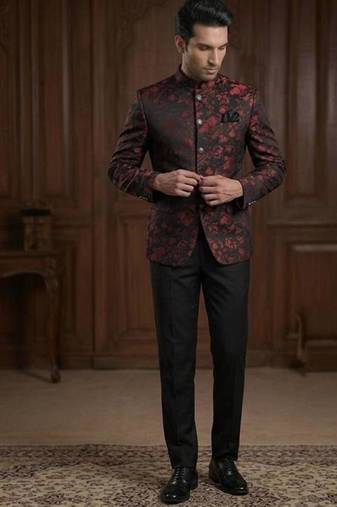 Floral maroon black weaving jodhpuri for men | premium designer bandhgala ethnic wear