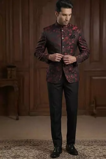 Floral maroon black weaving jodhpuri for men | premium designer bandhgala ethnic wear