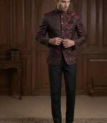 Floral maroon black weaving jodhpuri for men | premium designer bandhgala ethnic wear