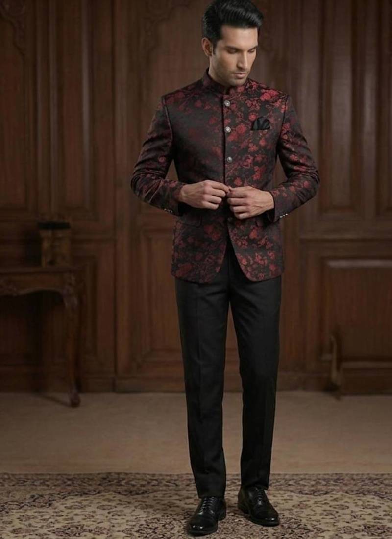 Floral maroon black weaving jodhpuri for men | premium designer bandhgala ethnic wear