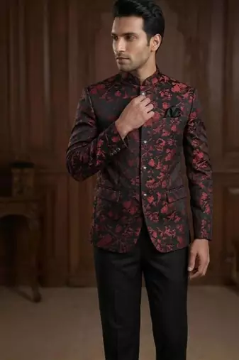 Floral maroon black weaving jodhpuri for men | premium designer bandhgala ethnic wear