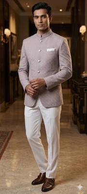Light pink jacquard jodhpuri for men | premium designer bandhgala ethnic wear 1