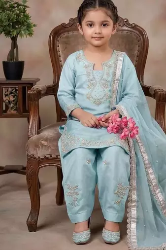 new fancy sky blue embroidered kurta with salwar & dupatta set