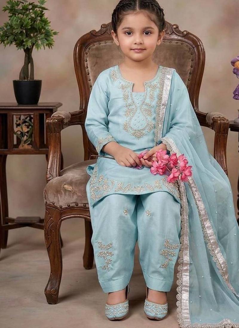 new fancy sky blue embroidered kurta with salwar & dupatta set