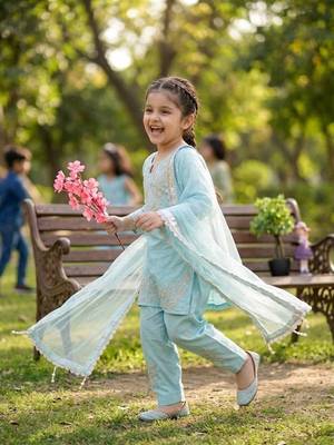  fancy sky blue embroidered kurta with salwar & dupatta set 2