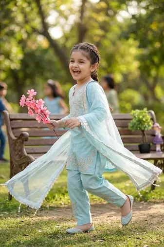 new fancy sky blue embroidered kurta with salwar & dupatta set