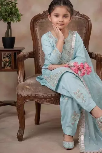 new fancy sky blue embroidered kurta with salwar & dupatta set