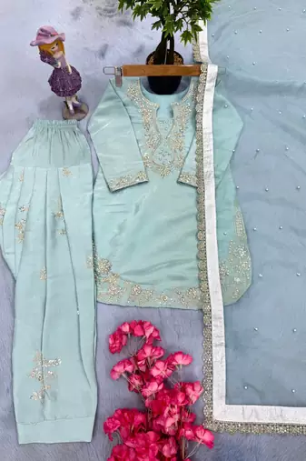 new fancy sky blue embroidered kurta with salwar & dupatta set