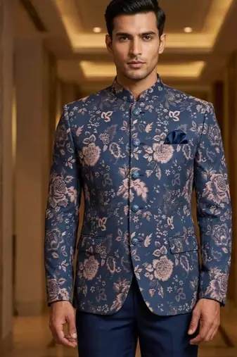 Navy blue flower weaving color jodhpuri for men | premium designer bandhgala ethnic wear