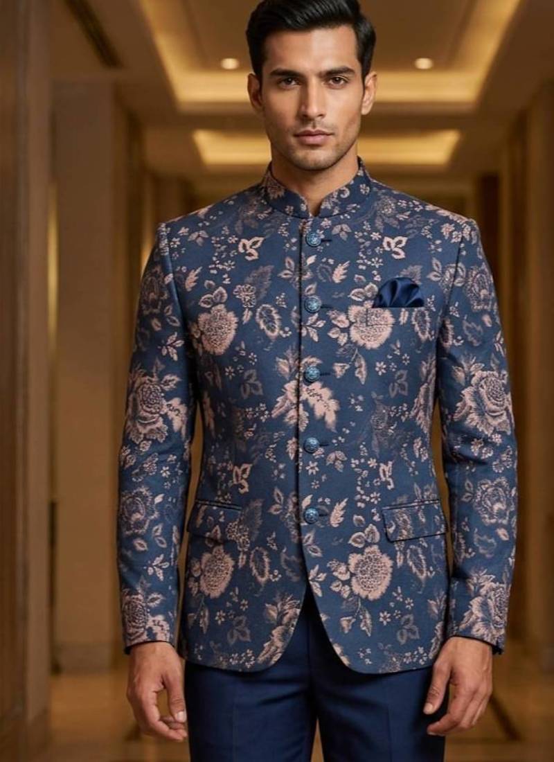 Navy blue flower weaving color jodhpuri for men | premium designer bandhgala ethnic wear