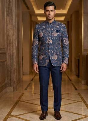 Navy blue flower weaving color jodhpuri for men | premium designer bandhgala ethnic wear 2
