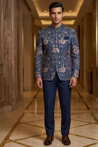 Navy blue flower weaving color jodhpuri for men | premium designer bandhgala ethnic wear