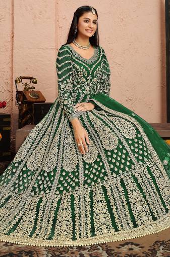 GREEN COLOR CORD N SEQUNCE WORK NET SEMI STICHED DESIGN GOWN 