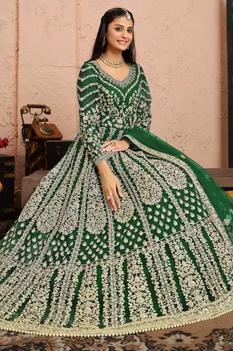 GREEN COLOR CORD N SEQUNCE WORK NET SEMI STICHED DESIGN GOWN 