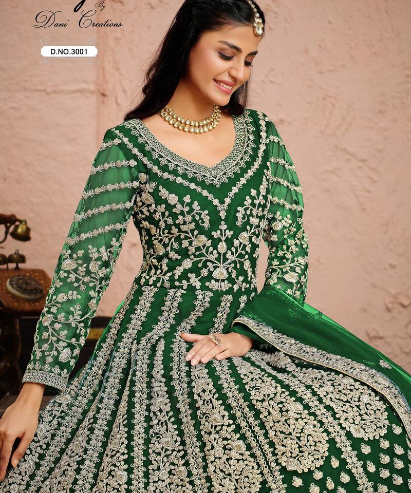 GREEN COLOR CORD N SEQUNCE WORK NET SEMI STICHED DESIGN GOWN 