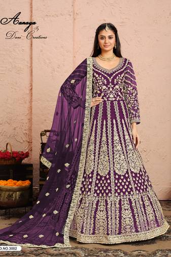 WINE COLOR CORD N SEQUNCE WORK NET SEMI STICHED DESIGN GOWN