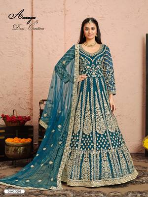 DARK TURQUOISE CORD N SEQUNCE WORK NET DESIGN GOWN 1