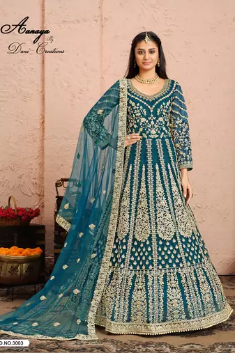DARK TURQUOISE COLOR CORD N SEQUNCE WORK NET SEMI STICHED DESIGN GOWN