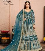 DARK TURQUOISE COLOR CORD N SEQUNCE WORK NET SEMI STICHED DESIGN GOWN