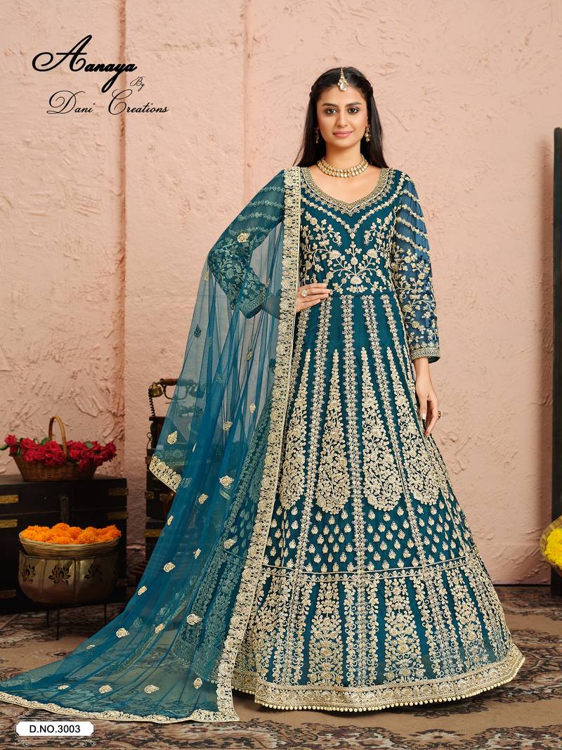 DARK TURQUOISE COLOR CORD N SEQUNCE WORK NET SEMI STICHED DESIGN GOWN