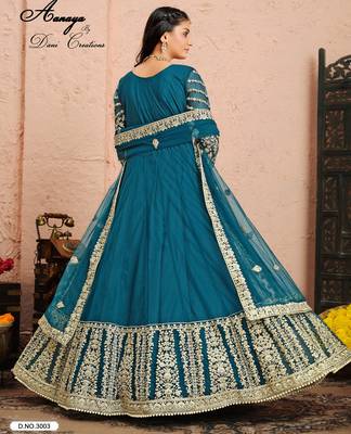 DARK TURQUOISE CORD N SEQUNCE WORK NET DESIGN GOWN 2