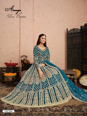 DARK TURQUOISE CORD N SEQUNCE WORK NET DESIGN GOWN 3